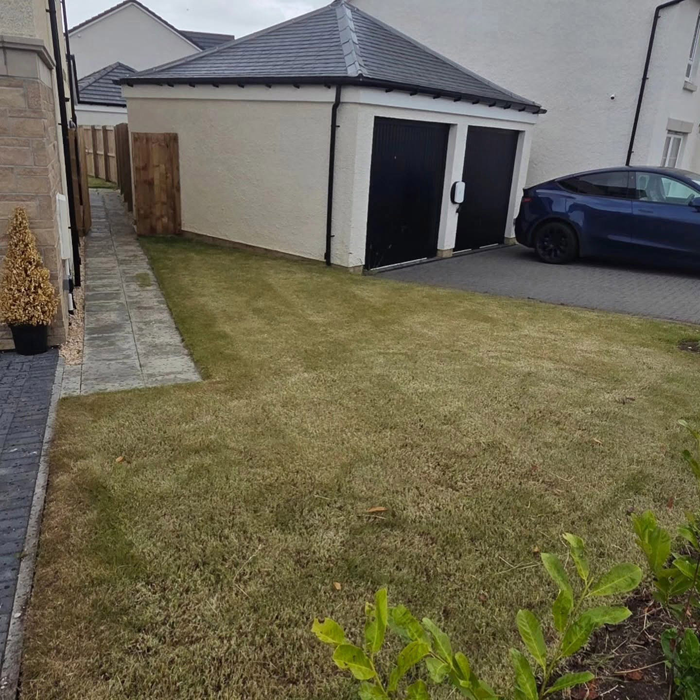 Pale, patchy new-build lawn in Rosewell before its first DSM lawn treatment