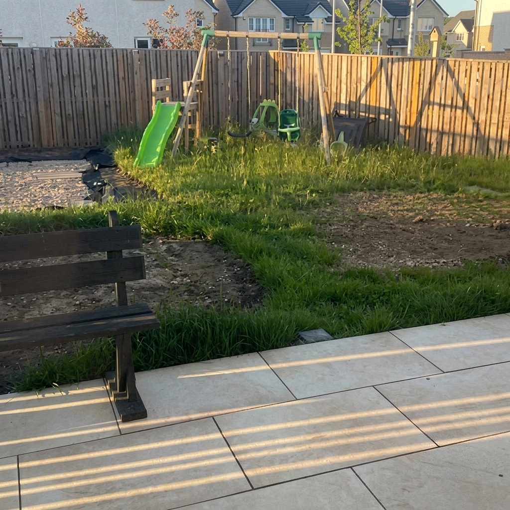 Patchy grass and bare soil in a Bonnyrigg back garden before turfing