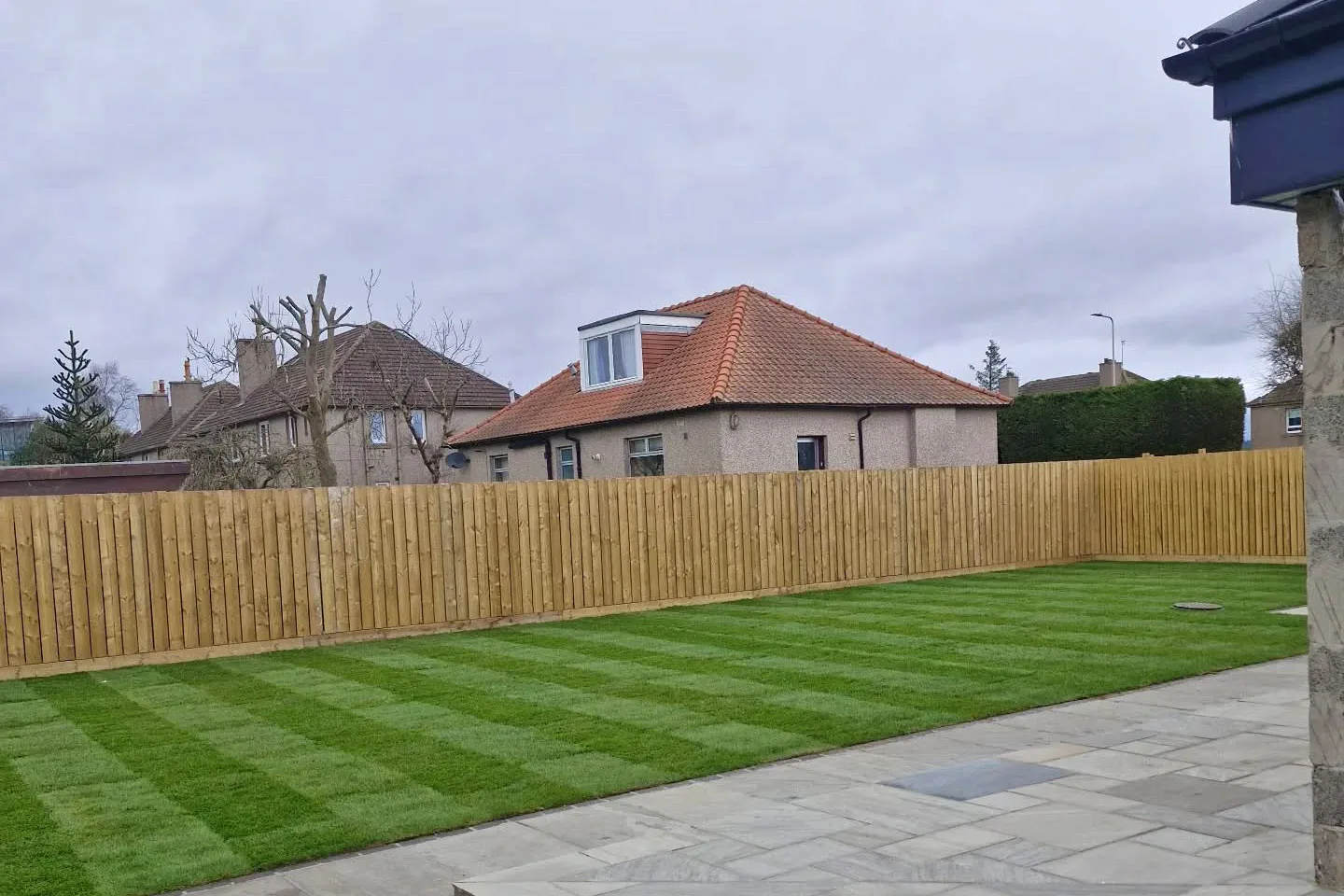 Restored back garden lawn with mowing stripes